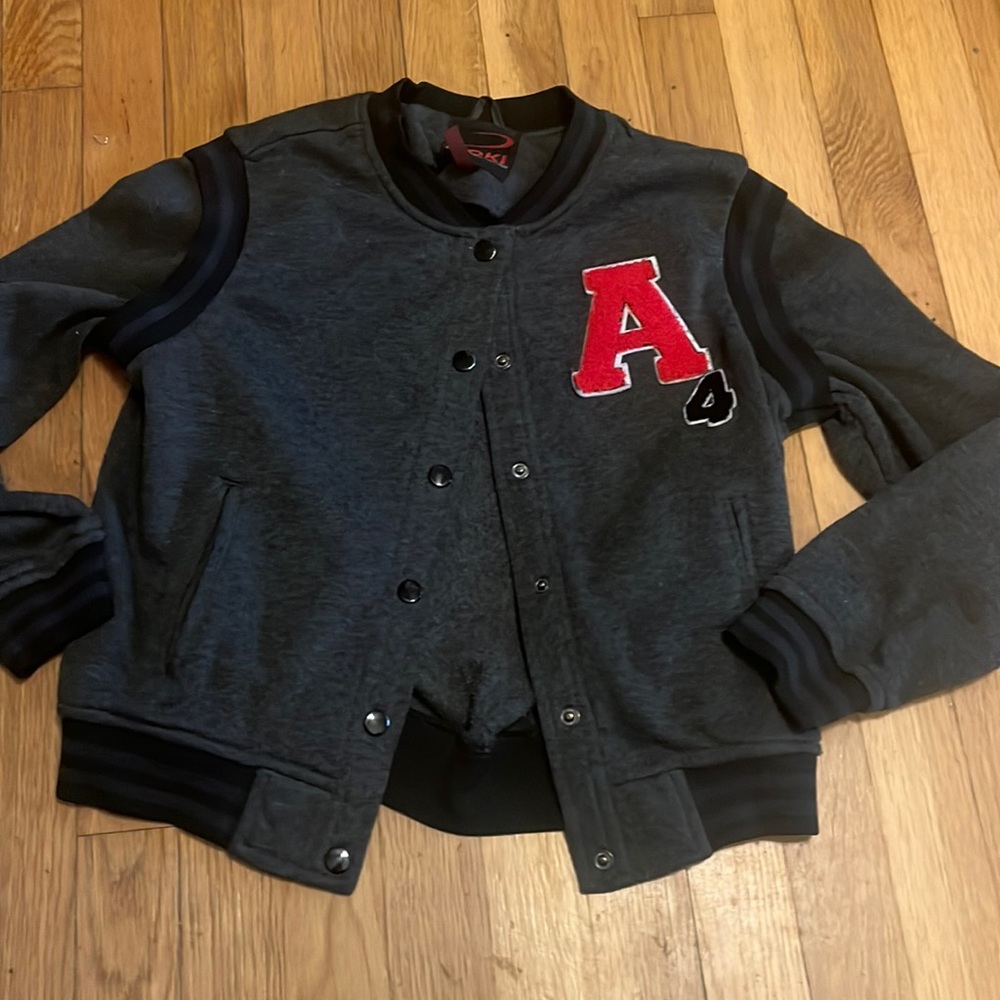 Yoki Kids Dark Gray Varsity Jacket with Red Patch